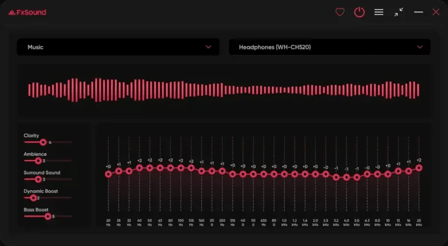 FxSound main window on Windows with equalizer bands, Music preset, Headphones output, and effect sliders for Clarity, Ambience, Surround Sound, Dynamic Boost, and Bass Boost.